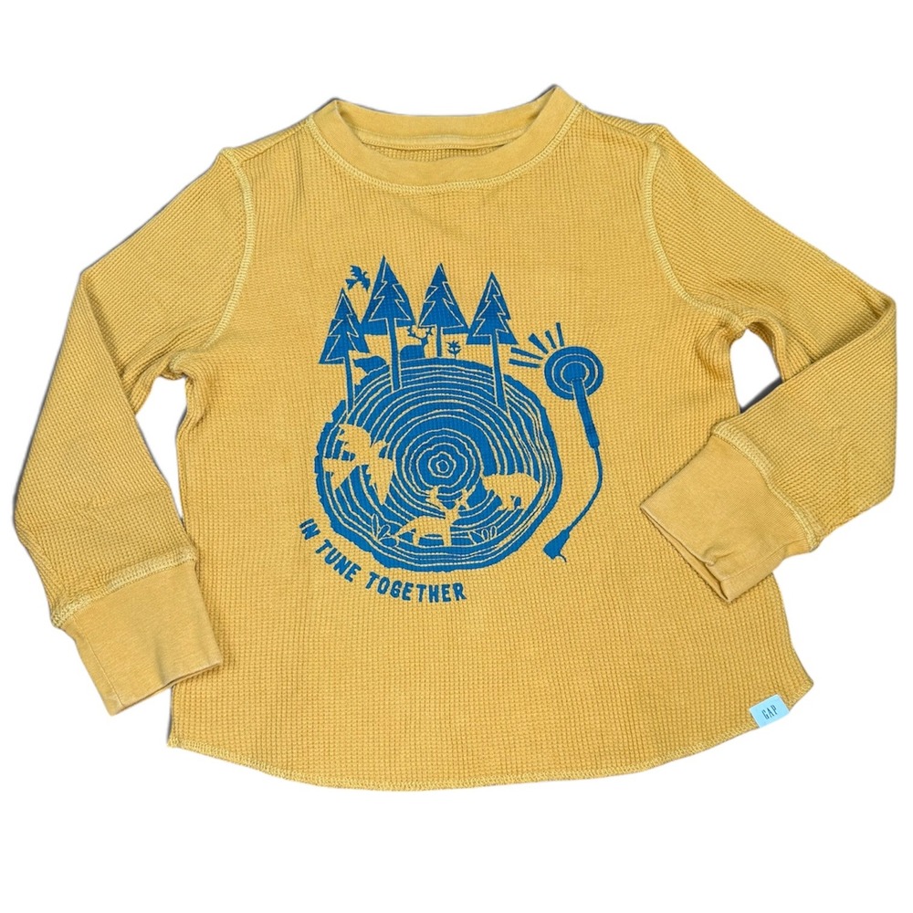 Gap Kids Mustard Yellow Waffle Knit Thermal Graphic Shirt XS 4-5 In Tune